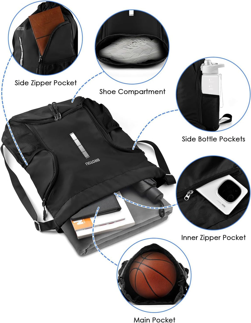 BROTOU Soccer Drawstring Backpack, Basketball Bag, Volleyball Football Bags with Ball and Shoe Compartment