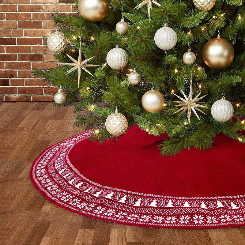 Dremisland Christmas Tree Skirt, Knitted Snowflake and Xmas Tree Pattern Thick Heavy Yarn Knit for a Warm Xmas Holiday Decoration (36Inch/90Cm, Grey)