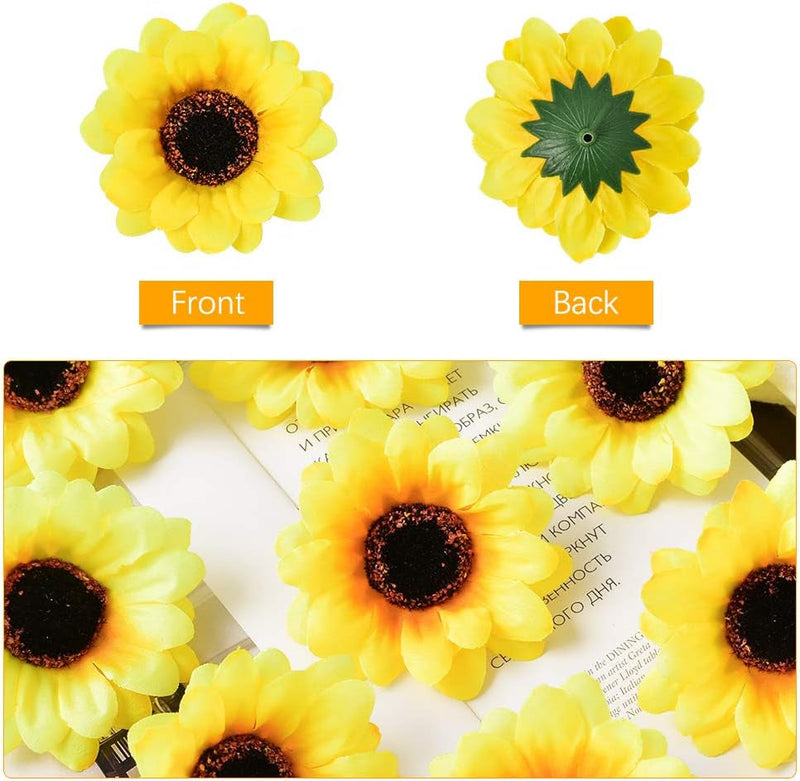 50PCS Artificial Silk Yellow Sunflower Heads, 2.8" Fabric Floral Supplies for Wedding Engagement Home Party Decor Hair Clip Wreath Decorative DIY Craft