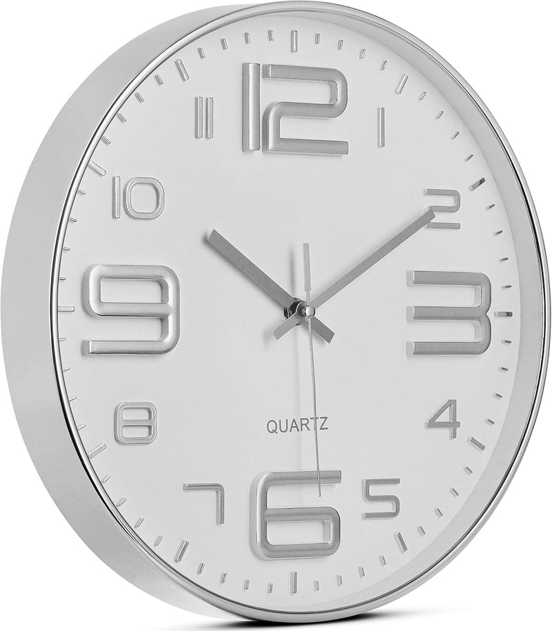 Bernhard Products Silver Wall Clock 12 Inch Silent Non-Ticking Quality Quartz Battery Operated round White Decorative Modern Design for Home/Office/Kitchen/Bedroom/Living Room (Silver & White)