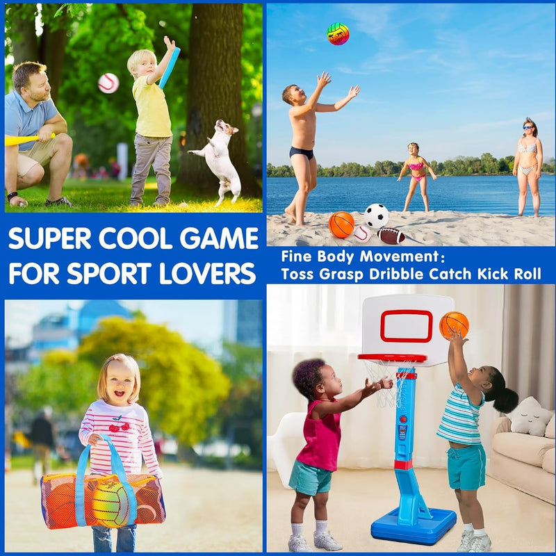 5 Pack Sports Balls Set for Kids with Bag Includes Football Soccer Basketball Baseball Volleyball Fun Indoor Outdoor Toys Sport Soft Bouncy Playground Kickball Hand Pump Toddler 1-3 2-4 3-5 5-7 Gifts