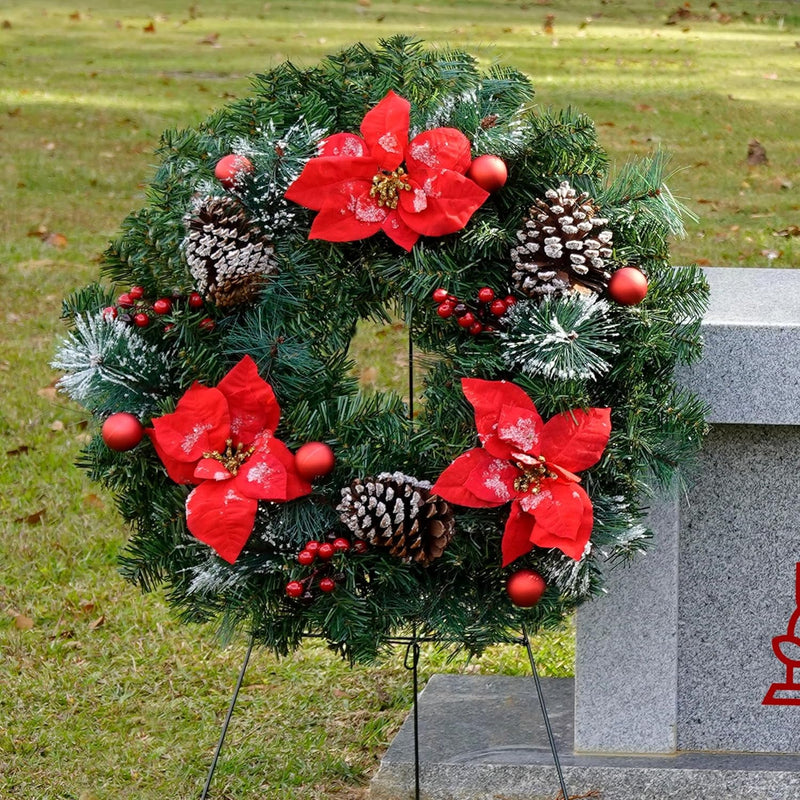 Christmas Wreath - Outdoor Christmas Decoration - 24 Inch Wreath with Frosted Red Poinsettia and Red Ornaments on 30 Inch Easel