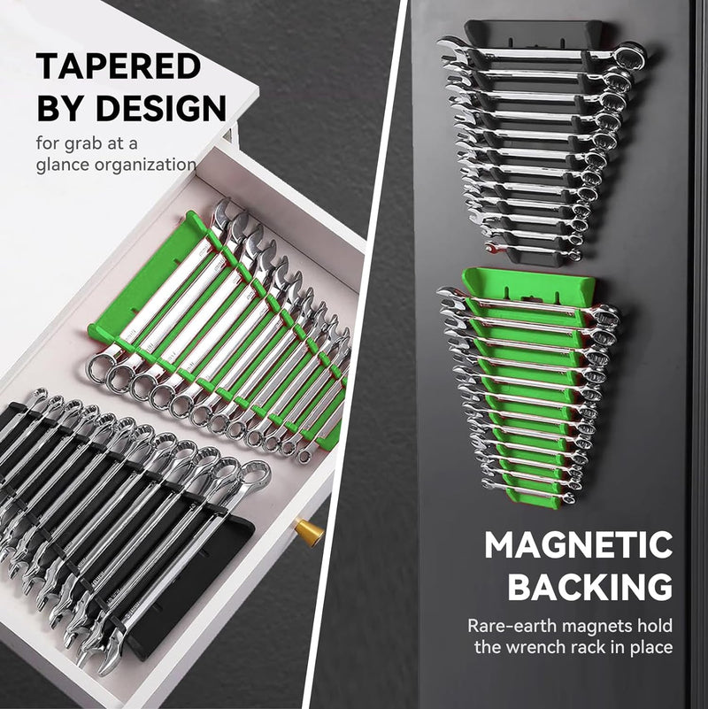 4Pack Magnetic Wrench Organizer Wrench Rack Tool Trays, Premium Quality Wrench Holder SAE(1/4" - 1/16") and Metric(6Mm-24Mm)