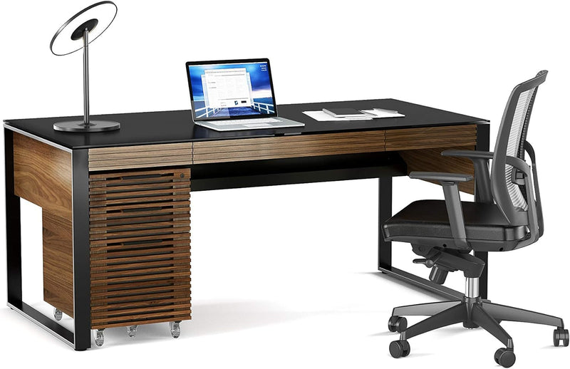 BDI Furniture Corridor 6521-67.75'' X 32.25" Executive Office Desk for Home or Office with Keyboard Drawer, Cable Management, Satin-Etched Tempered Glass, Natural Walnut