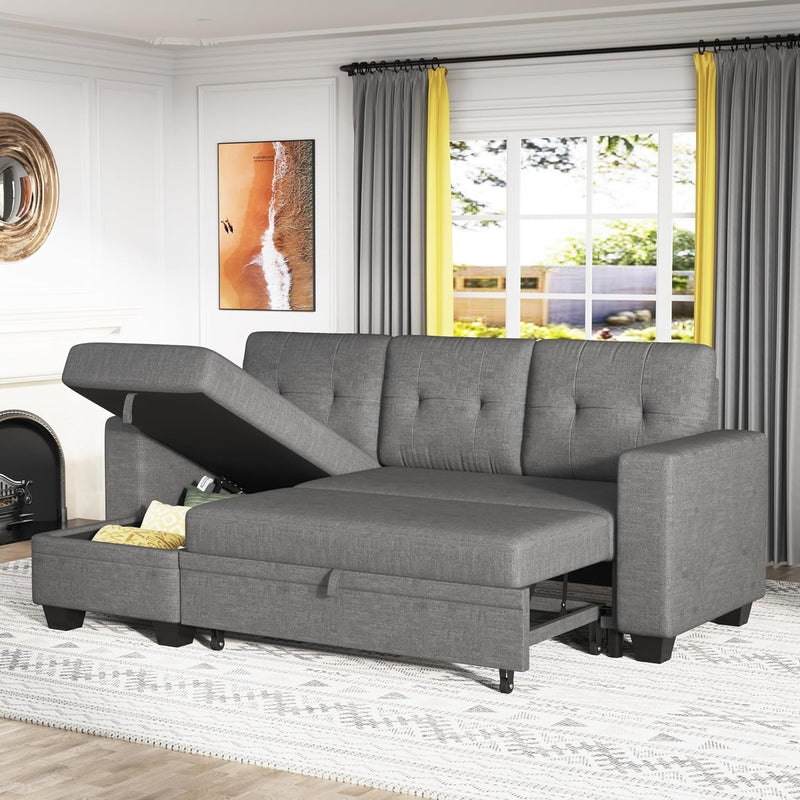 Furmax Sleeper Sofa, Sofa Bed L Shaped Sectional Couch with Reversible Storage Chaise Lounge, Modern Fabric Pull Out Couch & Couch Bed for Living Room Small Space (Grey)