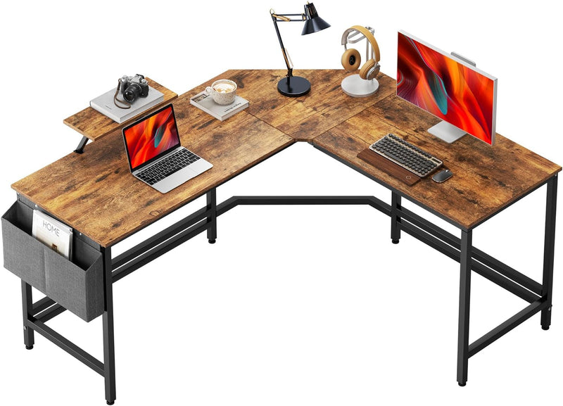 Dlandhome L-Shaped Computer Desk 59 Inches X 59 Inches, Composite Wood and Metal, Home Office PC Laptop Study Workstation Corner Table with CPU Stand, Brown Black and Black Legs, ZJ02-BB