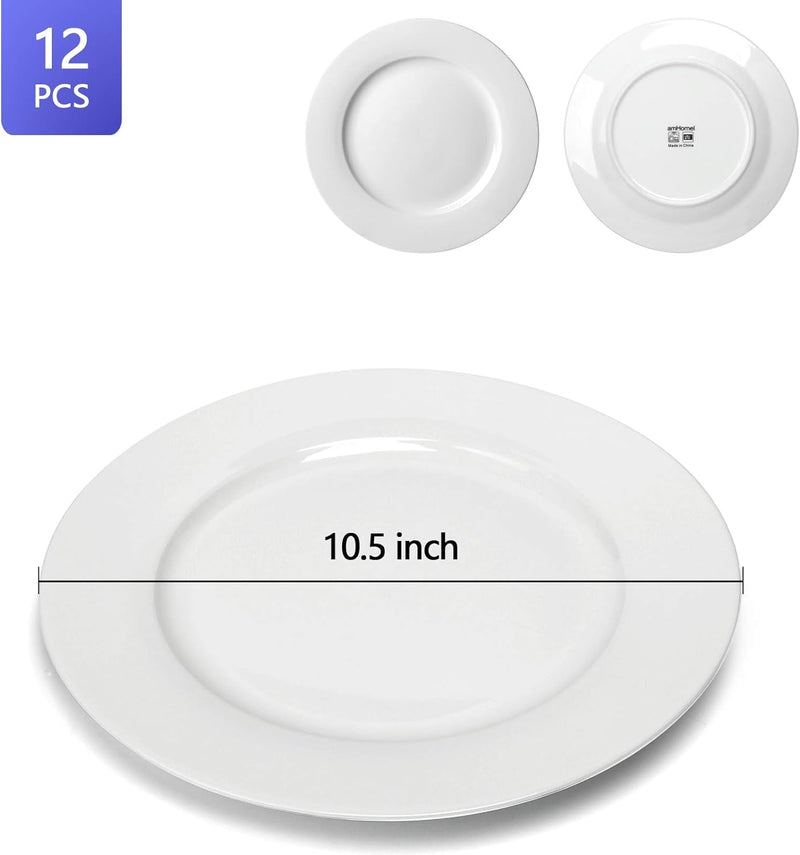 Amhomel 12-Piece White Porcelain Dinner Plates, round Dessert or Salad Plate, Serving Dishes, Dinnerware Sets, Scratch Resistant, Lead-Free, Microwave, Oven and Dishwasher Safe (10.5-Inch)