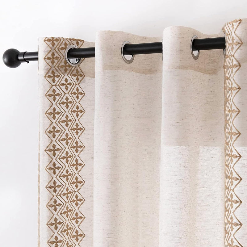 Boho Curtains for Living Room Bedroom Cream Sheer Curtains 84 Inches Long 2 Panels Set Grommet Beige Embroidered Curtains Neutral Bohemian Window Curtains for Rustic Farmhouse Decor, 52X84 Taupe