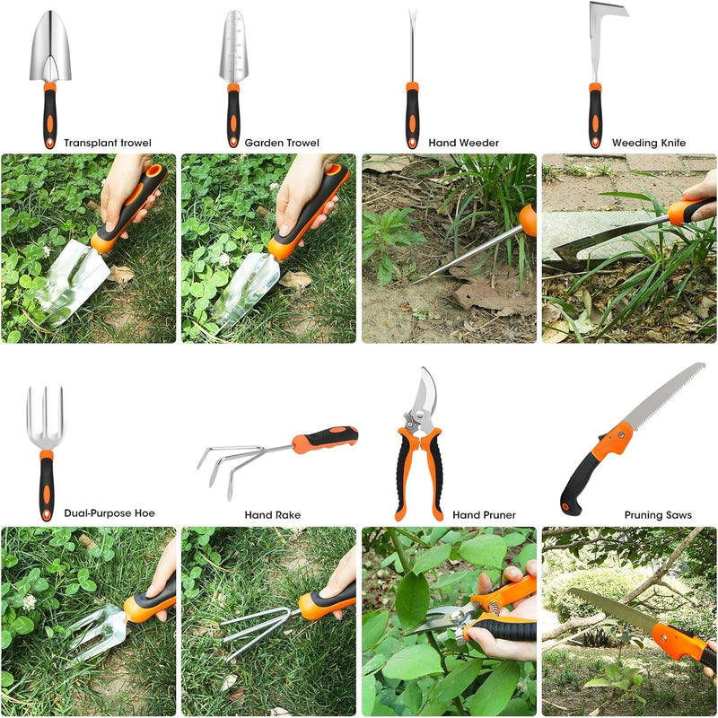 Gartden Tools, 10 Pcs Stainless Steel Garden Tools for Gardening with Non-Slip Ergonomic Handle, Garden Hand Tools with Tote Bag for Women, Men, Gift