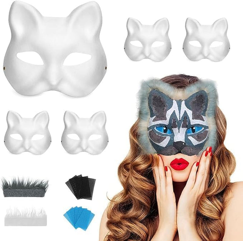 5/10Pcs Cat Therian Mask Kit with Fur and Eye Mesh - Blank DIY Halloween Animal Half Masks for Masquerade and Cosplay Parties