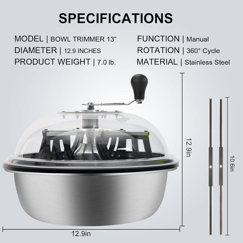 13 in Bud Leaf Bowl Trimmer, Bud Bowl Trimmer with Switchable Stainless Steel Blades & Clear Visibility Dome, Hand Twist Spin Cutting Bud Trimmer for Buds, Flowers, Hydroponics Plants