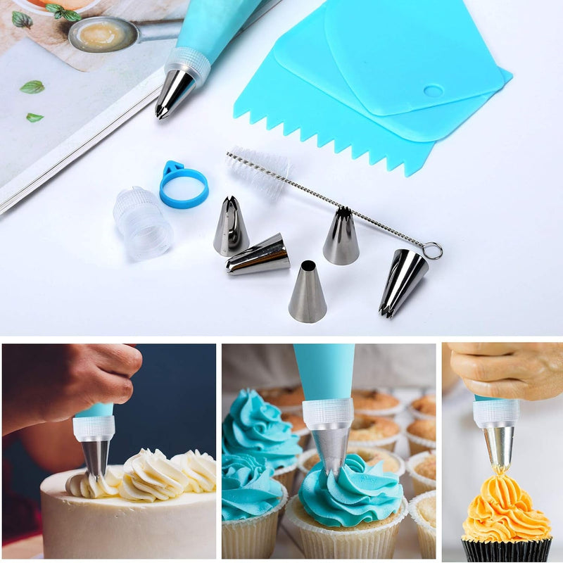 34Pcs Piping Bags and Tips Set, Bake Cake Decorating Kit with 24 Stainless Steel Tips, 2 Reusable Silicone Pastry Bags, 3 Icing Smoother, 2 Couplers, 2 Frosting Bags Ties and 1Pipe Brush