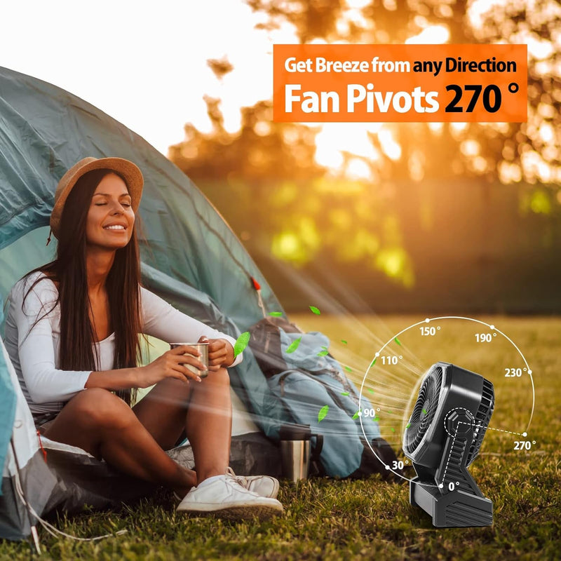 20000Mah Battery Operated Fan, Portable Rechargeable Desk/Camping Fan with Light and Hook, 270° Pivot 4 Speeds Battery Powered Outdoor Fan for Tent Car Trip Sleep Hurricane Power Outages…