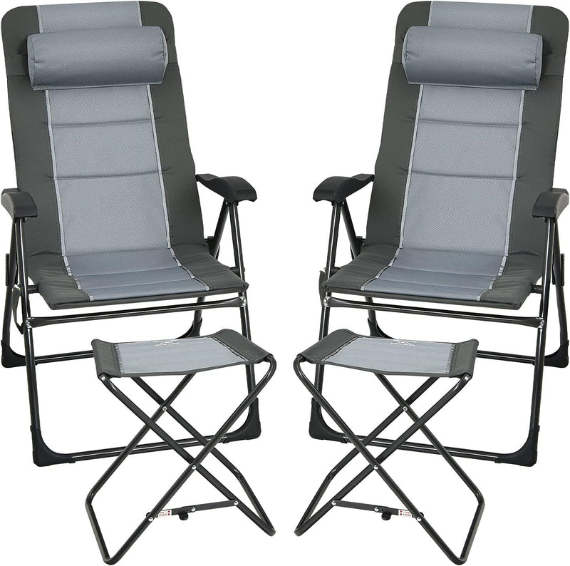 Giantex Set of 2 Patio Dining Chairs with Footstools, Folding Recliner Chairs with 7-Position Adjustable Backrest, Headrest, Mesh Bag, Outdoor Portable Lounge Chairs for Poolside Backyard, Grey