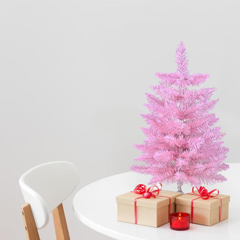 2FT Artificial Christmas Tree Pink Tabletop Christmas Tree with Plastic Stand Mini Xmas Pine Tree for Party Supplies Indoor Outdoor Holiday Home Decoration (Pink)