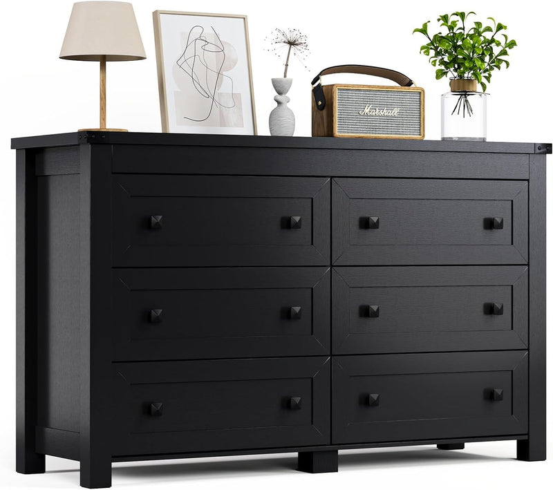 Black Dresser for Bedroom with 6 Drawers, Modern Chest of Drawers, Wood Dressers Bedroom Furniture Wide Storage Drawers Dressers Organizer for Closet, Living Room, Hallway