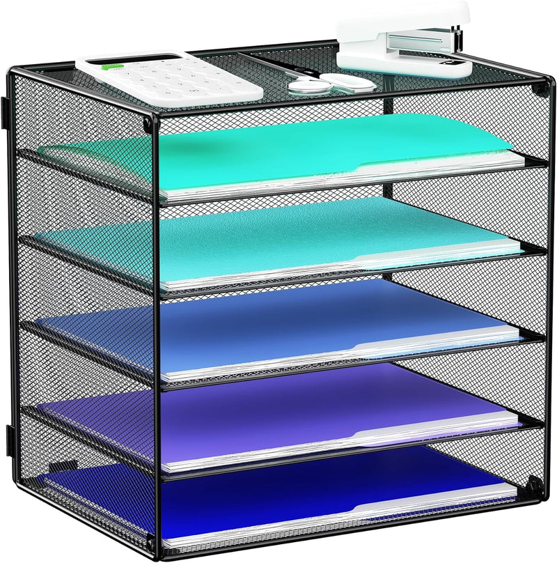 6 Tier Mesh Desk Organizer Paper Tray, Metal File Holder Desktop Organizers and Accessories for School Office Organization Rack