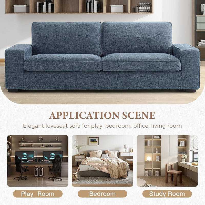 EASELAND Sofa Couch, 88" Chenille Loveseat for Living Room, 3 Seater Lounge Sofa for Bedroom with Removable Back and Seat Cushions, Modern Deep Seat Comfy Couch with Solid Wood Legs and Armrest (Blue)