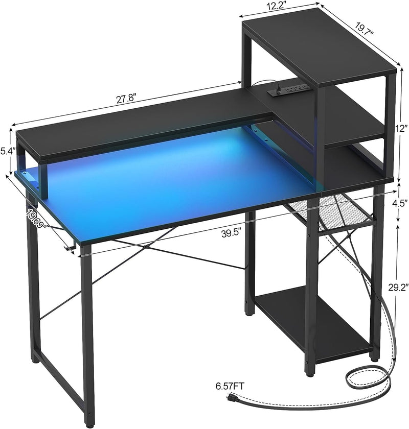 Cyclysio Gaming Desk 39", Computer Desk with Reversible Storage Shelves, Home Office Desk with Power Outlets & RGB Led Lights, Small Desk for Gaming, Studying, Working Black