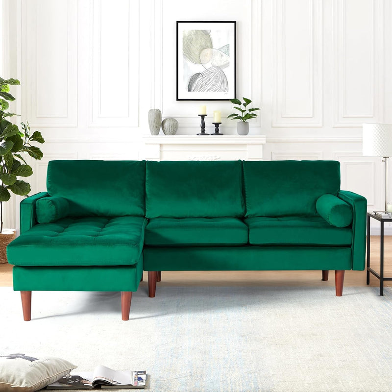 Convertible Sectional Sofa Couch, Upholstered Velvet L Shaped Couch with Chaise, Modern 3 Seat Sectional Couch for Living Room Apartment Small Space (Green)