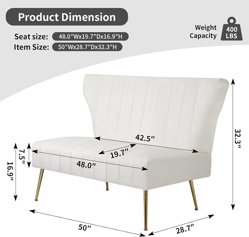 50’’ Velvet Modern Armless Loveseat Sofa, Upholstered Small Wingback Couch Sofa with Golden Metal Legs, 2 Seater Tufted Couch for Bedroom, Apartment Small Space (White)