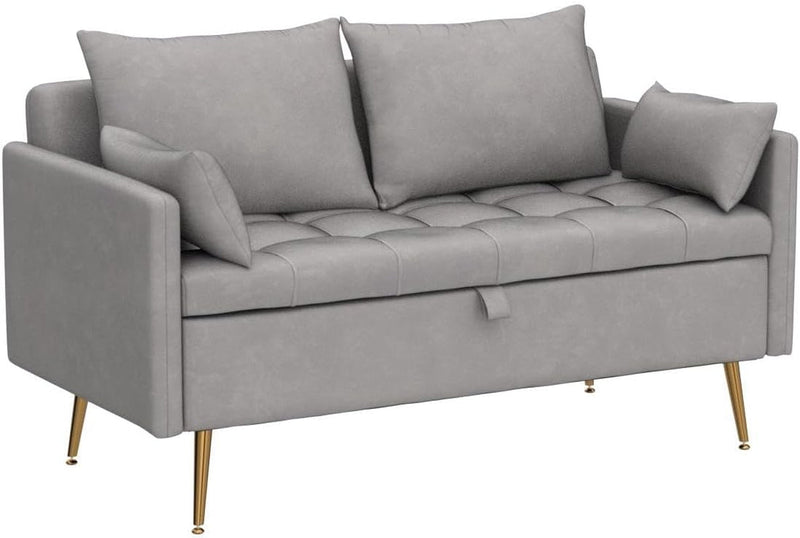 Chairus Velvet Loveseat Sofa Modern Button Tufted Small Couch with Storage Space & Throw Pillows 53" Sofa Couch 2 Seat Loveseat with Gold Tapered Metal Legs for Living Room/Bedroom/Lounge, Light Grey