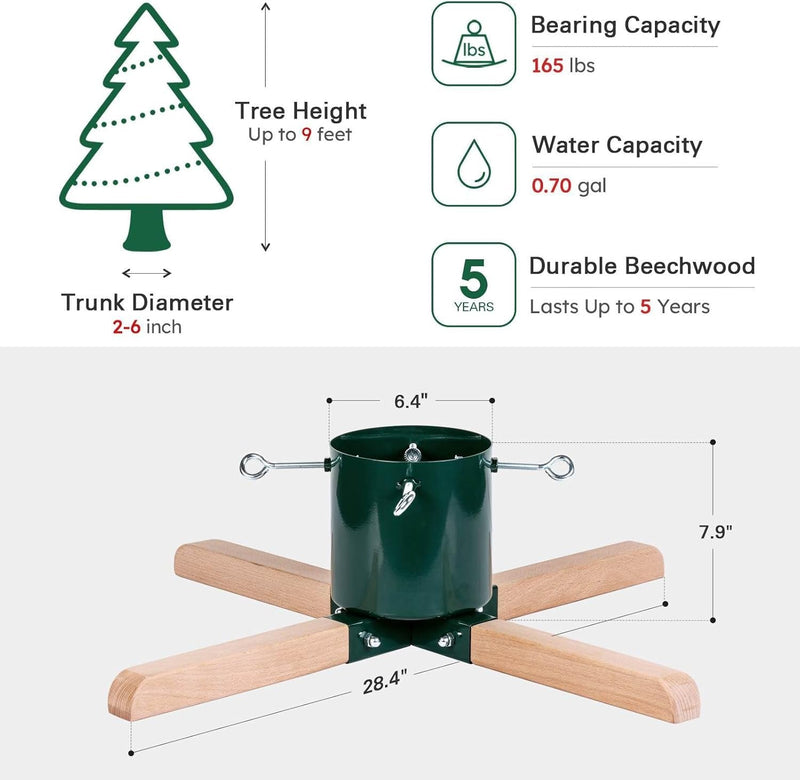 Christmas Tree Stand for Live Tree 9Ft, Sturdy Metal and Beech Hardwood Christmas Tree Holder with Spike for Fresh Tree, Xmas Tree Holder, Christmas Tree Base Stand for Real Tree(Green)