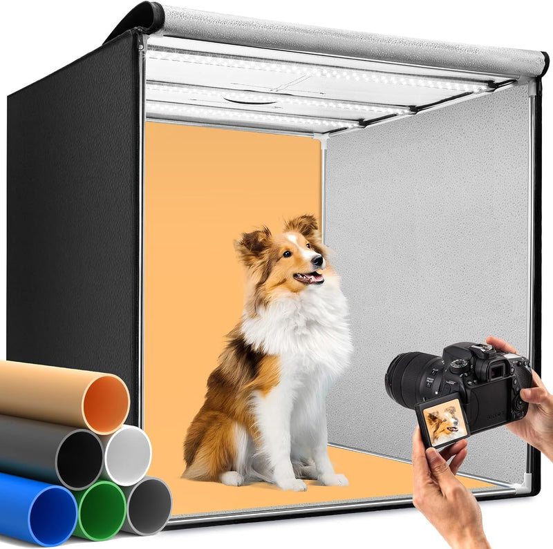 DUCLUS Light Box Photography, 12"X12" Professional Photo Booth Box with 8 Photo Backdrop, 112 LED Lights Dimmable & High CRI>95 Lightbox for Mini Product Photography: Jewelry, Miniature Models Etc.