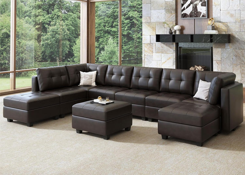 HONBAY Modular Sectional Couch with Storage Oversized U Shaped Couch with Ottomans and Chaises Faux Leather 8-Seater Sectional Sofa for Living Room, Brown