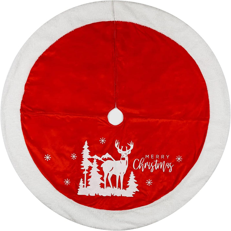 Christmas Tree Skirt, 32 Inch Red Velvet Tree Skirt with Embroidered Reindeer Moose Snowflakes White Trim Border, Holiday Party Tree Decorations