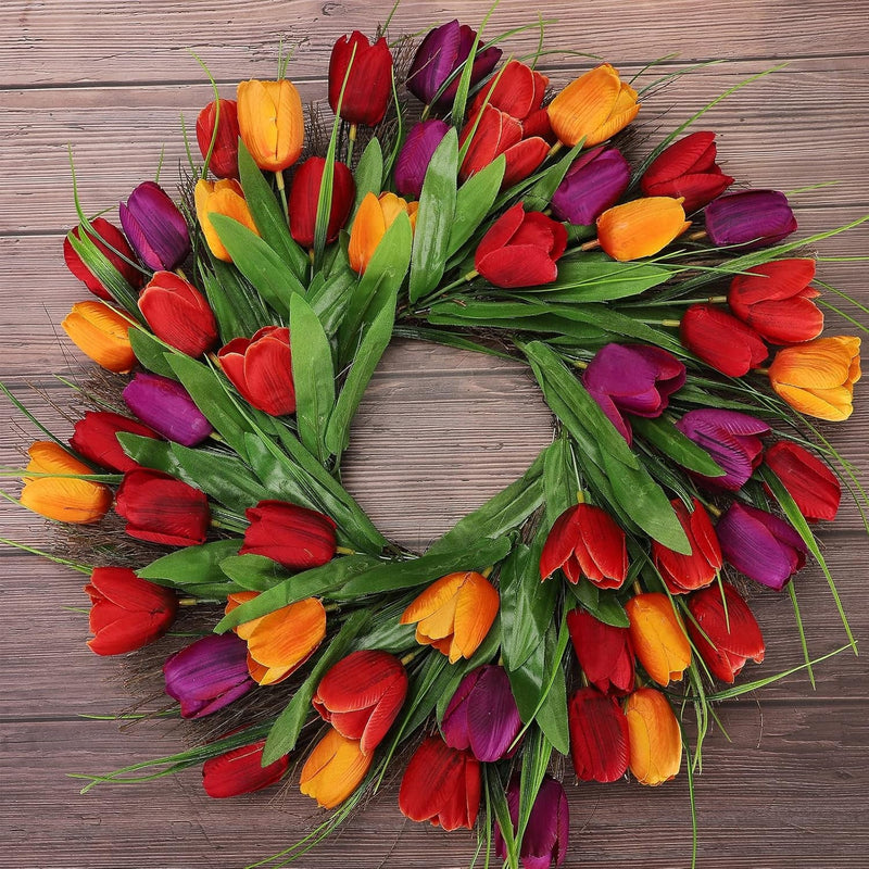 18Inch Tulip Wreath, Spring Artificial Flower Wreath for Front Door Window Wall Hanging Valentines Day, Summer Silk Wreath Decor (Red)