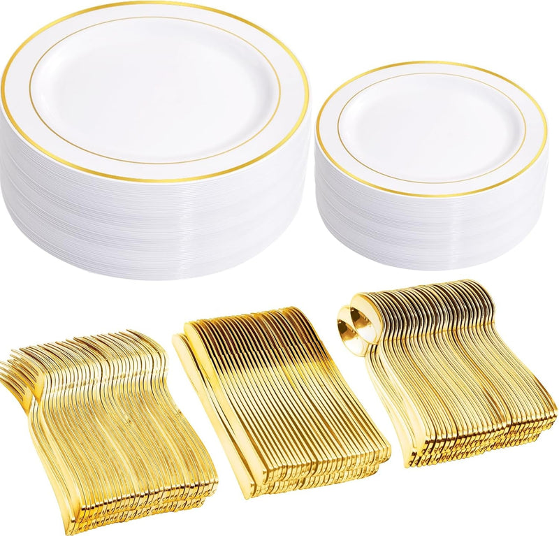 Dayammi 30 Guests Gold Plastic Plates with Disposable Silverware,Gold Cutlery with White Handle,White&Gold Disposable Dinnerware:60 Plastic Plates Gold Rim,90 Plastic Silverware Set for Party Wedding