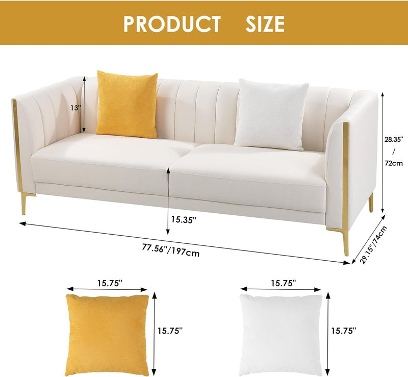 FOTOSOK 78'' Sofa, Modern White Couches for Living Room, Comfy, Faux Leather Sofa 3 Seater Sofa with 2 Throw Pillows and Gold Metal Legs, Deep Seat Sofas (Cream White)