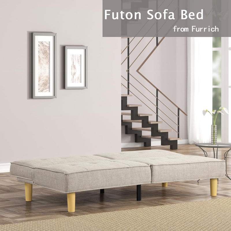 Convertible Futon Sofa Bed, Loveseat Foldable Futon Couch Adjustable Backrest, Small Futon Couch for Living Room, Small Space, Apartment, Beige Fabric 307BG