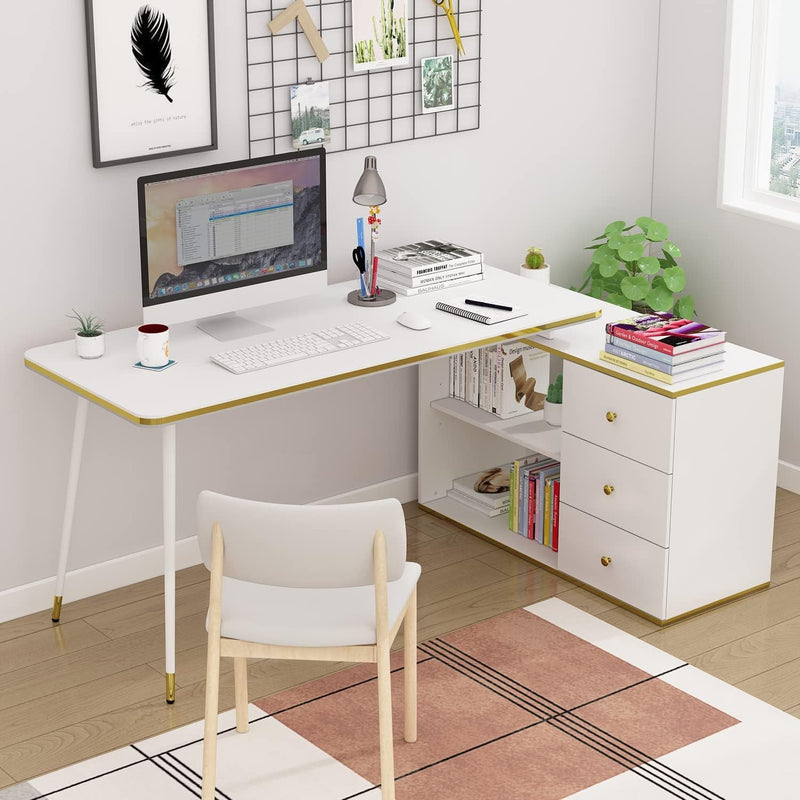 Homsee Home Office Computer Desk Corner Desk with 2 Drawers and 2 Open Cubes, 55 Inch Large L-Shaped Study Writing Table with Storage Cabinet, White (55.1”L X 47.2”W X 29.5”H)