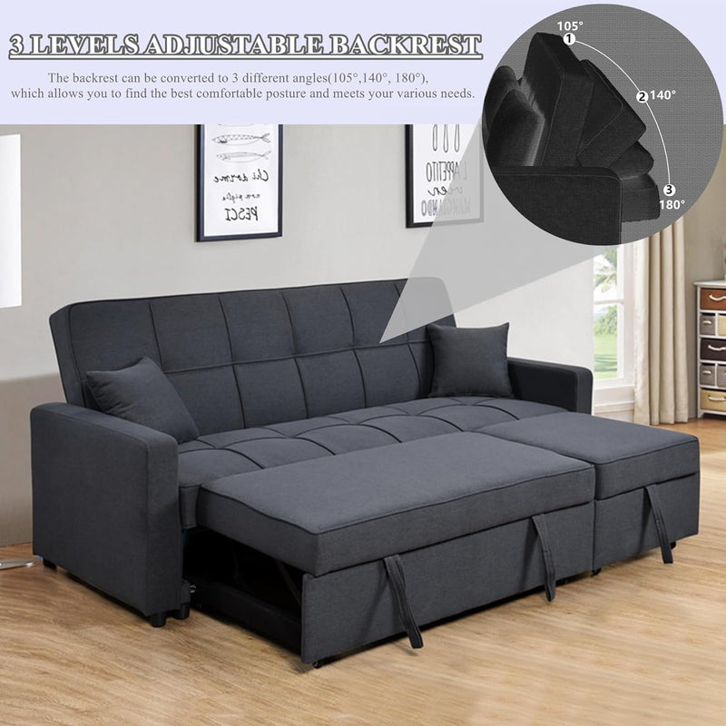 Convertible Sleeper Sofa Bed, 4-In-1 Sleeper Couch with Dual Pull Out Bed & Adjustable Backrest, Linen 3 Seaters Sectional Sleeper Sofa for Living Room, King Size,No.1-Black