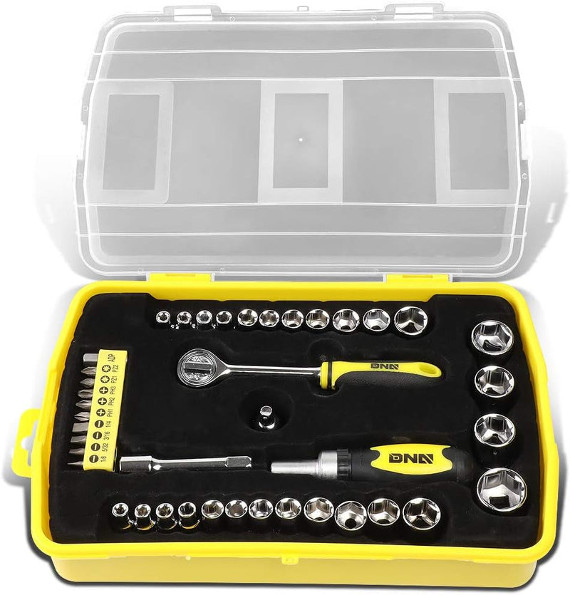 DNA Motoring TOOLS-00029 16 Piece Mechanic'S Home Repair Tool Set with Carrying Case, Includes Pliers, Wrench, Hex Key, Screwdriver, Spirit Level, and Tape Measurer, 1 Set, Yellow/Black