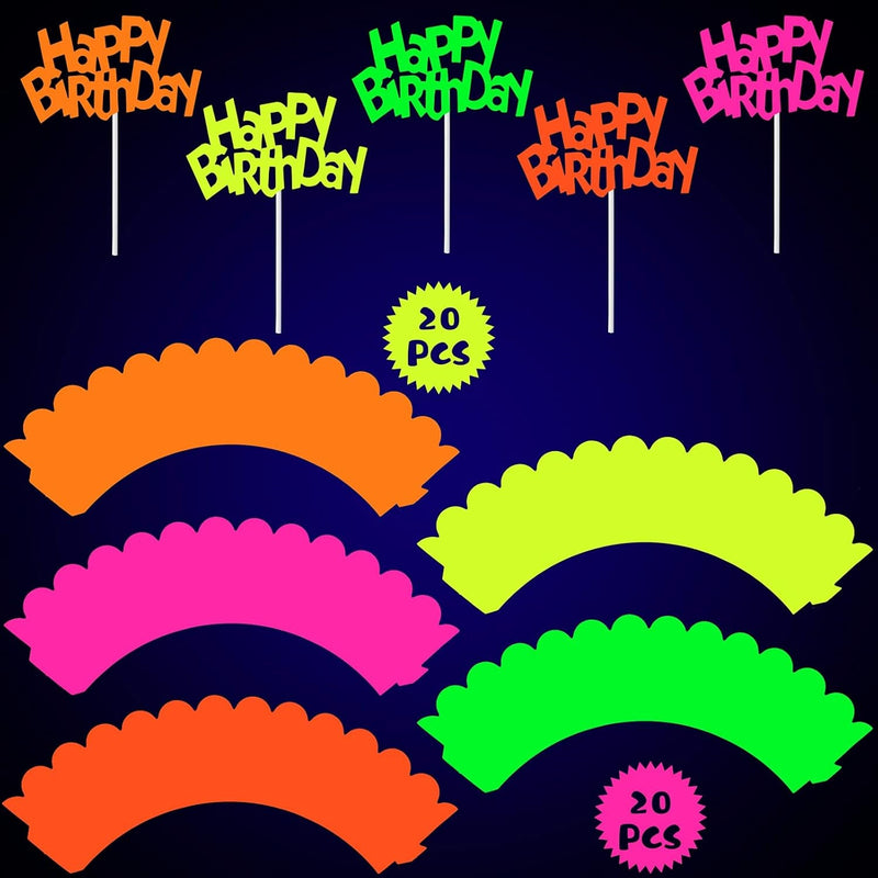 40 Pcs Glow in the Dark Neon Cupcake Toppers Glow Party Supplies Neon Glow Cupcake Wrappers for Glow Neon Birthday Party Wedding Decorations Blacklight Reactive Party