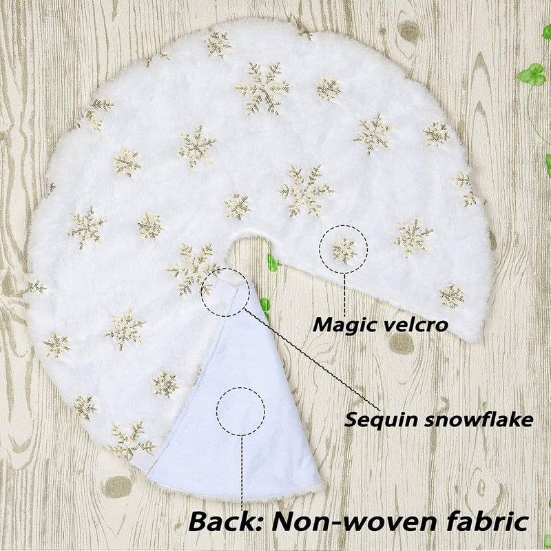 Faux Fur Christmas Tree Skirt,48 Inches Large Luxury Tree Skirt with Gold Snowflake Sequin, Christmas Decorations Holiday Thick Plush Tree Xmas Ornaments（White and Gold,48 Inch）