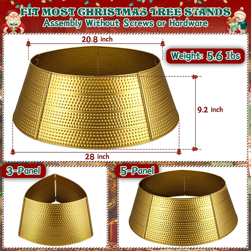 Christmas Tree Collar 28" Metal Gold Christmas Tree Skirt Stand Base Cover for Artificial Trees 5 Panel Hammered Christmas Tree Ring Protection from Pets Xmas Decorations