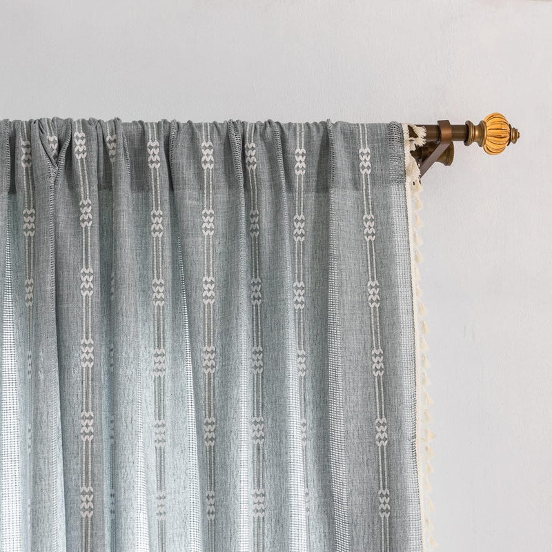 Boho Curtains for Bedroom Embroidery Striped Farmhouse Curtains 63 Inch Length 2 Pannels for Living Room off White Linen Curtains Semi Sheer Curtains Rod Pocket Drapes(52" W X 63" L,White)