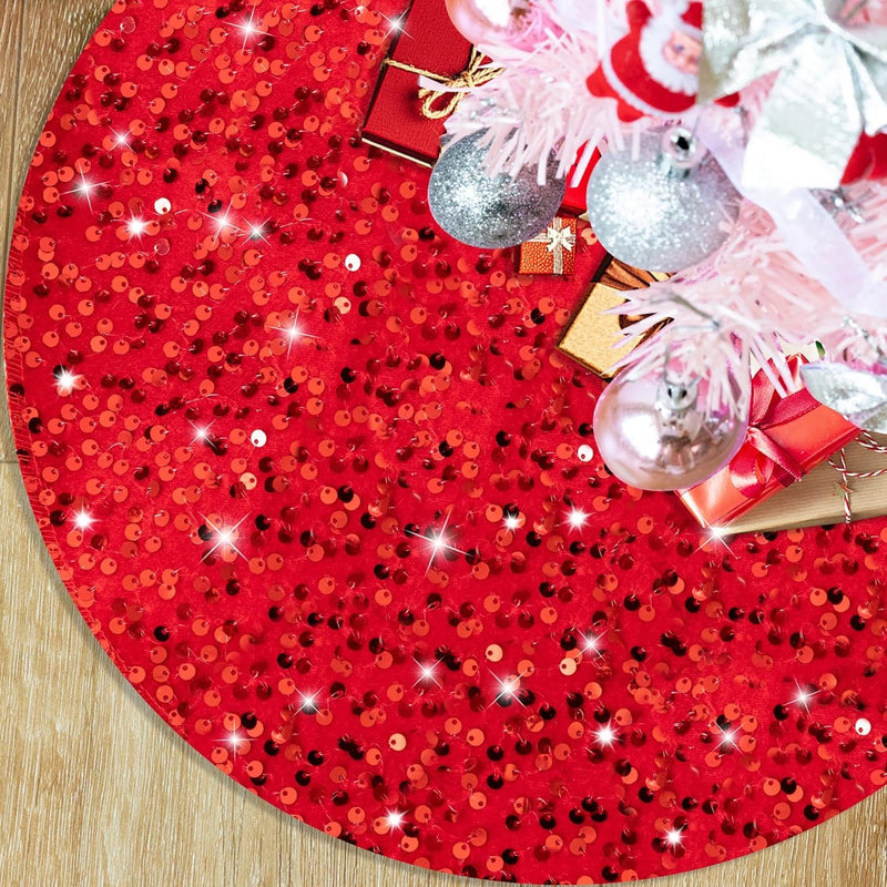 Christmas Tree Skirt Tree Cover 18 Inches Sparkly Sequins Glitter Christmas Classic Tree Skirt Party round Skirt for Xmas Home Decorations, Red