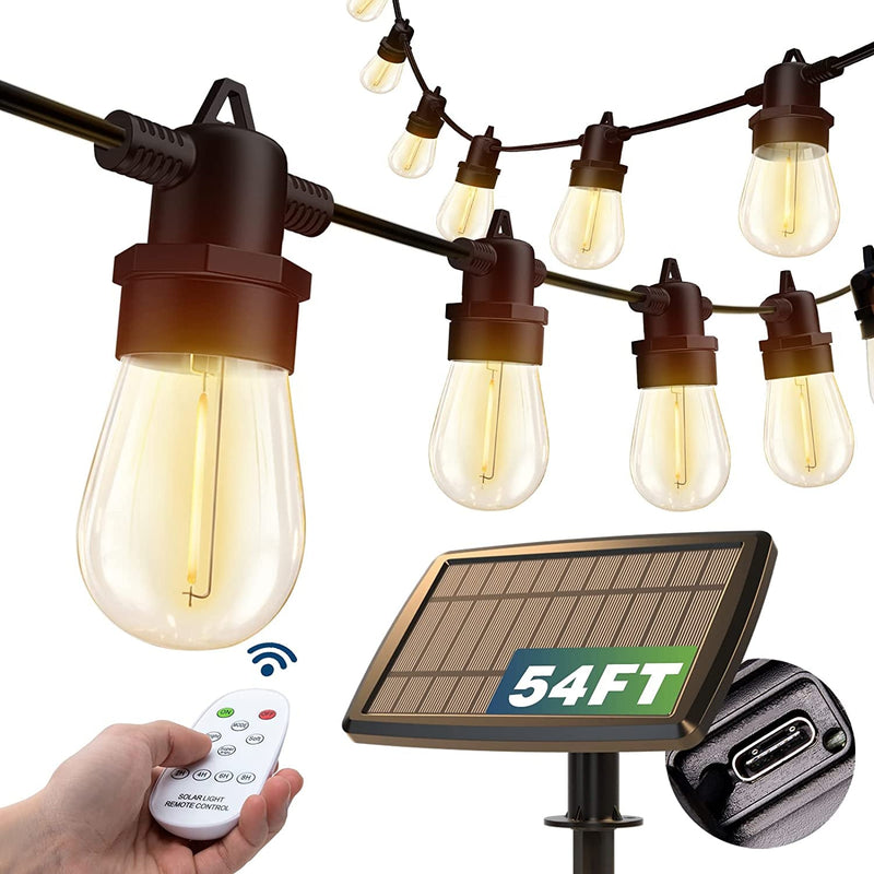 Addlon 54(48+6) FT Solar String Lights Outdoor Waterproof with USB Port & Remote Control Solar Patio Lights Long Last for 20+Hrs Dimmable Solar Power LED Bulbs for Porch Garden Market Bistro