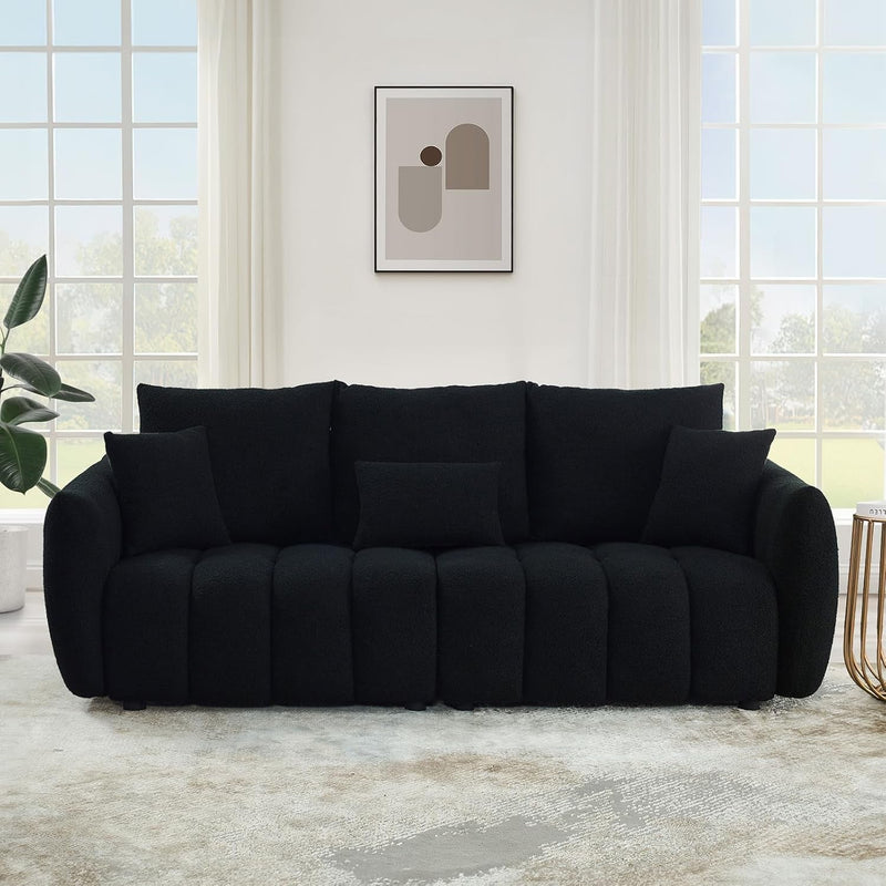 Antetek 82" Modern Sofa Couch, Comfy Deep Seat Teddy Cloud Sofa, Upholstered 3-Seater Boucle Couch, Oversized Loveseat for Living Room, Bedroom, Office, Apartment, Black