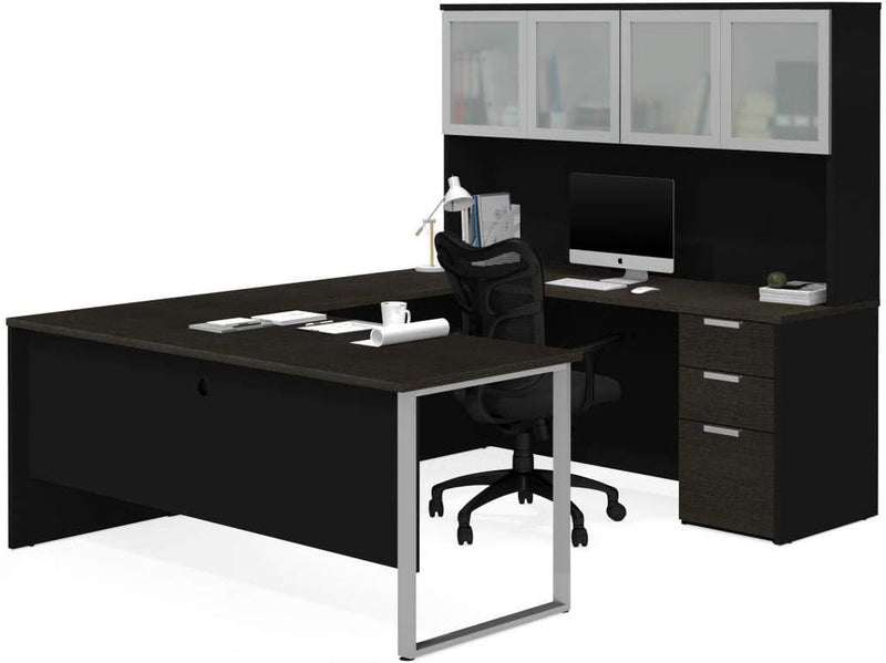 Bestar Pro-Concept plus U-Shaped Executive Desk with Pedestal and Frosted Glass Doors Hutch, Deep Grey & Black