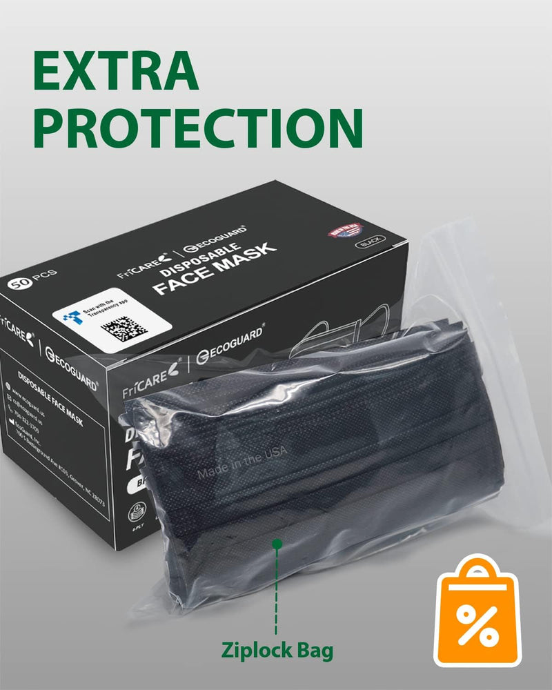 Fricare Made in USA, 4-Ply Black Disposable Face Mask ECOGUARD, ASTM Level 3 Performance Proven in Third Party Independent Labs Studies Pack of 50