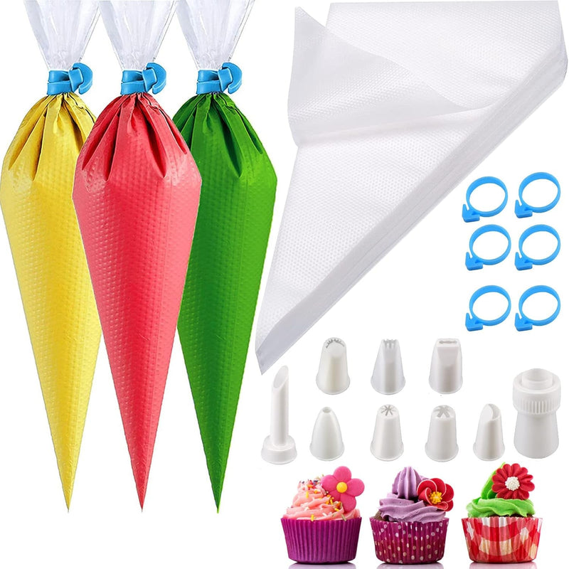 122Pieces Tipless Piping Bags - 100Pcs Disposable Piping Pastry Bag for Royal Icing/Cookies Decorating - 10 Pastry Bag Ties,10 Clips &2 Scriber Needle - Best Cookie/Cake Decorating Tools (14 Inch)