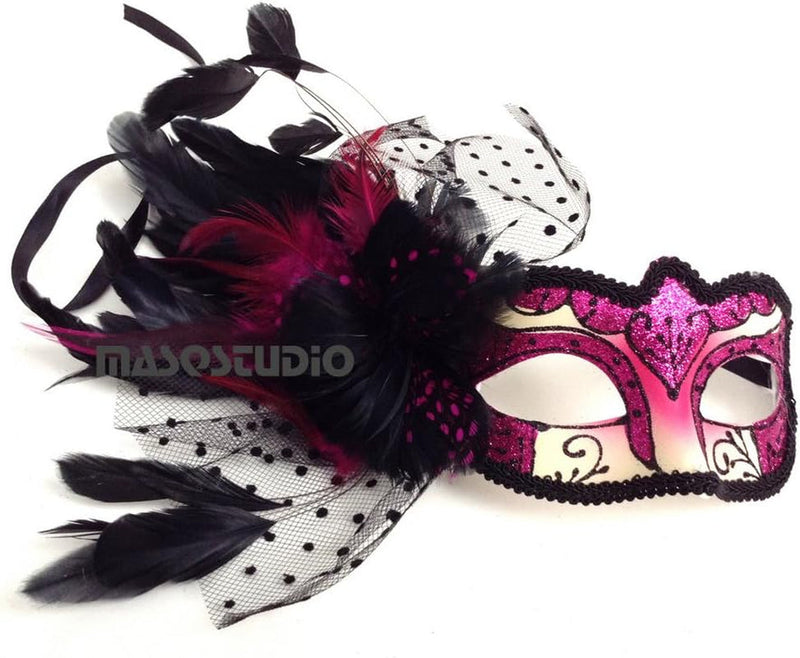 Couple Fuchsia Hot Pink Masquerade Ball Mask Pair Feather Birthday Quinceanera Party Prom (Feather Mask Only)