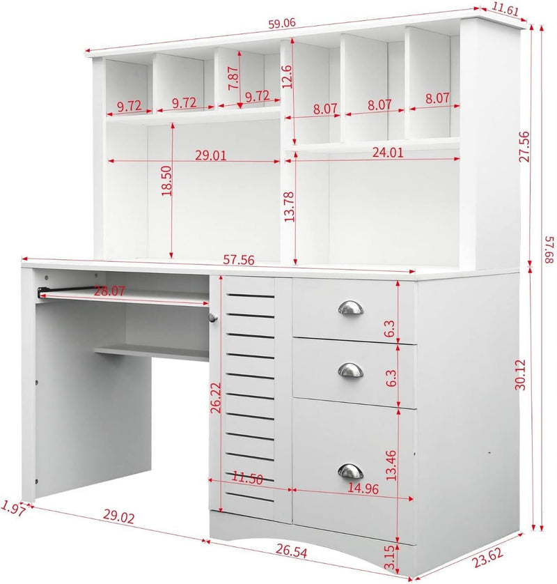 Home Office Desk with Hutch, 59-Inch Writing Study Table with Drawers and File Cabinet