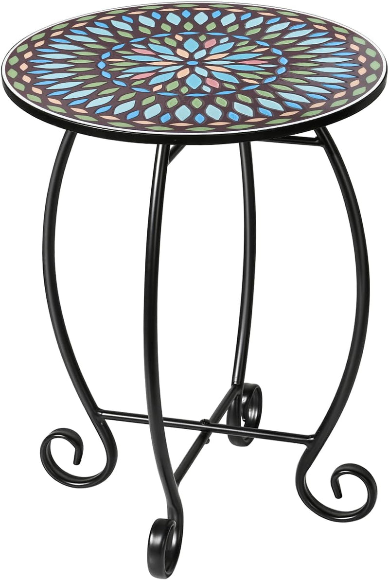 14" Outdoor Side Table, Scrollwork Accent round End Table, Unique Relief Ceramic Tile Tabletop with Metal Frame, Coffee Tea Table Nightstand for Living Room, Bedroom